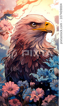 Hand drawn cartoon illustration of bald eagle among flowers Hand drawn cartoon illustration of bald eagle among flowers 107409004