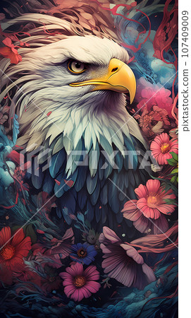 手绘卡通花丛中的白头鹰插画 107409009