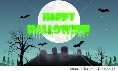 Halloween animation video. Happy Halloween and bats on moon night background. Motion graphics. Intro video. 107409045