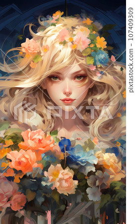 手绘卡通唯美的花丛中的女神神话英雄插画 手绘卡通唯美的花丛中的女神神话英雄插画 107409309