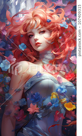Hand drawn cartoon illustration of beautiful goddess myth hero among flowers Hand drawn cartoon illustration of beautiful goddess myth hero among flowers 107409315