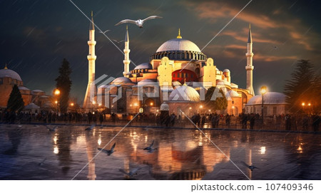 Hagia Sophia Islamic Mosque on a beautiful summer day with a beautiful sunset. Hagia Sophia, Istanbul, popular Turkish Traveling destination. Ancient Christian religious area. Tourist destination. 107409346