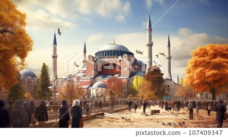 Hagia Sophia Islamic Mosque on a beautiful summer day with a beautiful sunset. Hagia Sophia, Istanbul, popular Turkish Traveling destination. Ancient Christian religious area. Tourist destination. 107409347