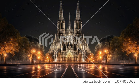 Notre-Dame de Paris on a beautiful summer night, glowing with night lights. French old Catholic gothic Church. Famous Tourist destination. Ai generated. 107409363