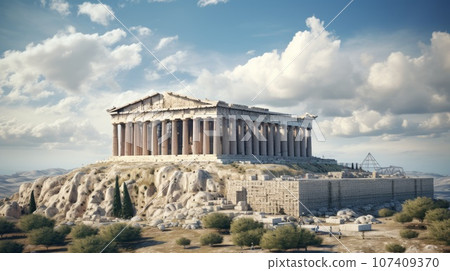 Parthenon temple on a beautiful summer day. Athenian Acropolis in Ancient Greece with the popular Traveling destination, Temple of Athena. Old Greek religious area. Tourist destination. Parthenon temple on a beautiful summer day. Athenian Acropolis in Ancient Greece with the popular Traveling destination, Temple of Athena. Old Greek religious area. Tourist destination. 107409370