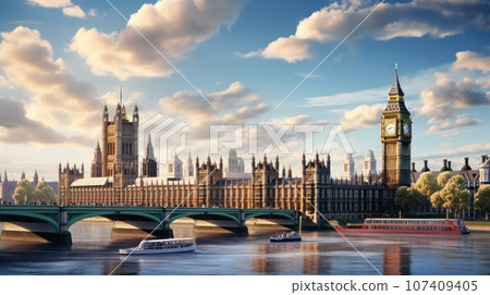 Palace of Westminster in the daytime, seen from the streets of London. United Kingdom Parliament building. Famous Tourist destination. The biggest London tourist attraction, government symbol. Palace of Westminster in the daytime, seen from the streets of London. United Kingdom Parliament building. Famous Tourist destination. The biggest London tourist attraction, government symbol. 107409405