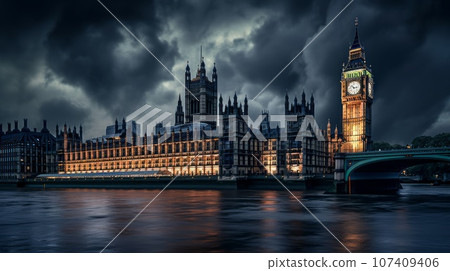 Palace of Westminster in the night, seen from the streets of London. United Kingdom Parliament building. Famous Tourist destination. The biggest London tourist attraction is, government symbol. 107409406