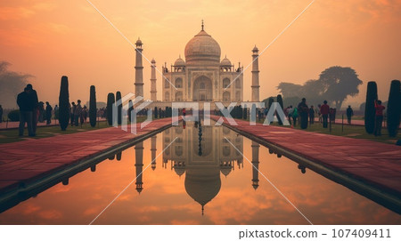 Taj Mahal Mausoleum on a beautiful summer day with a beautiful sunset. Taj Mahal Uttar Pradesh's popular Traveling destination. Modern Indian religious area. Tourist destination. Taj Mahal Mausoleum on a beautiful summer day with a beautiful sunset. Taj Mahal Uttar Pradesh's popular Traveling destination. Modern Indian religious area. Tourist destination. 107409411