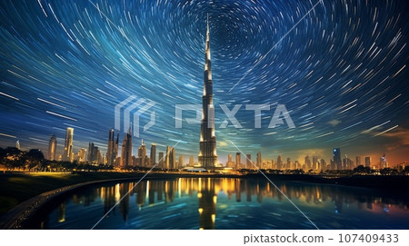 Burj Khalifa from the outside illustration. Tallest UAE Skyscraper in the center of Dubai. A glowing modern city with skyscrapers at night. Tall glass buildings in a megapolis. Traveling destination. Burj Khalifa from the outside illustration. Tallest UAE Skyscraper in the center of Dubai. A glowing modern city with skyscrapers at night. Tall glass buildings in a megapolis. Traveling destination. 107409433