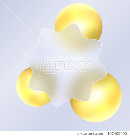 Glass morphism background. Glass rounded wavy banner made of transparent frosted glass and gold spheres on a light background. Glass morphism background. Glass rounded wavy banner made of transparent frosted glass and gold spheres on a light background. 107409490