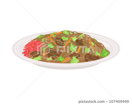 Illustration of fried noodles with sauce served on a plate Illustration of fried noodles with sauce served on a plate 107409499