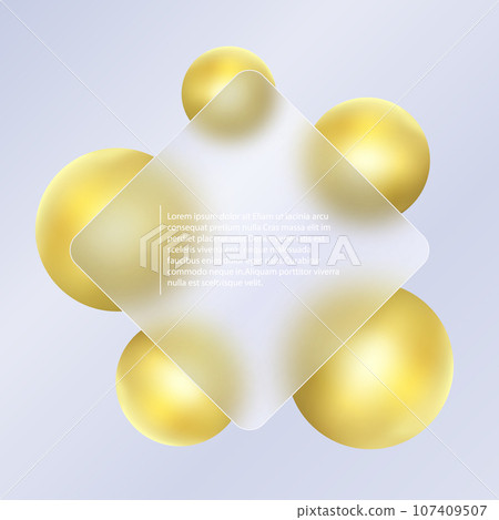 Glass morphism background. Glass square banner made of transparent frosted glass and gold spheres on a light background. Glass morphism background. Glass square banner made of transparent frosted glass and gold spheres on a light background. 107409507
