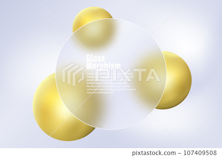 Glass morphism background. Glass round banner made of transparent frosted glass and gold spheres on a light background. Glass morphism background. Glass round banner made of transparent frosted glass and gold spheres on a light background. 107409508