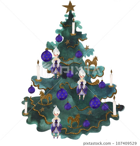 Watercolor decorated christmas tree. Isolated illustration. Clipart. Raster illustration for packaging, greeting cards and wrapping paper, gifts, posters in the children's room Watercolor decorated christmas tree. Isolated illustration. Clipart. Raster illustration for packaging, greeting cards and wrapping paper, gifts, posters in the children's room 107409529