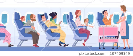 Stewardess passengers. Tourist passenger and child relax sitting on seat airplane cabin, female flight attendant service with drinks food cart in aisle, classy vector illustration 107409549