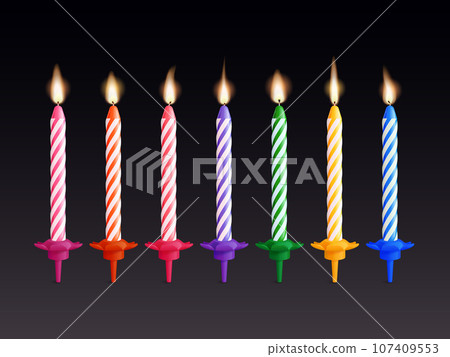 Realistic striped candles. 3d candle with fire light flare, colourful candlelight and decorative tealight for child birthday cake xmas or romantic dinner, exact vector illustration Realistic striped candles. 3d candle with fire light flare, colourful candlelight and decorative tealight for child birthday cake xmas or romantic dinner, exact vector illustration 107409553
