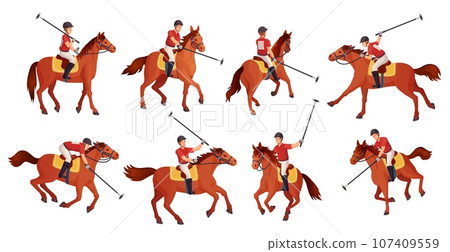 Polo players. Horse rider playing polos game on field, equestrian sport player horseman club, jockey horses cavaliers tournament match, cartoon set ingenious vector illustration 107409559