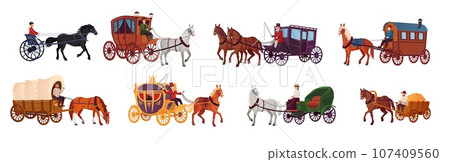 Horse vehicles. Ancient trip wagon victorian carriage, wagoneer chariot or working rustic horses cart, wedding royal stagecoach old historic vehicle, ingenious vector illustration 107409560