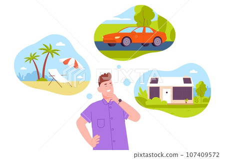 Man future dreams. Dreaming guy think about travel house and car, planning better life bubble dream concept, investment money save for holiday vacation choices vector illustration 107409572