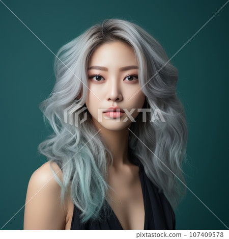 Portrait of a beautiful asian woman with light hair and natural makeup. Beautiful brunette asian girl with long hair. Asian beauty. Pretty japanese model posing on green background, fashion style. 107409578