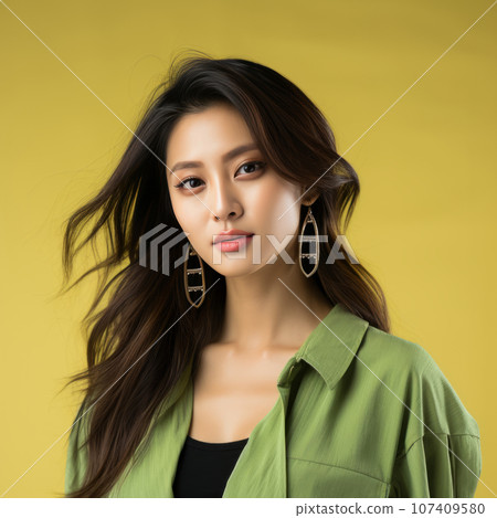Portrait of a beautiful asian woman with black hair and brown makeup. Beautiful sensual asian girl with long hair. Asian beauty. Pretty asian model posing on olive background at studio, fashion style. 107409580