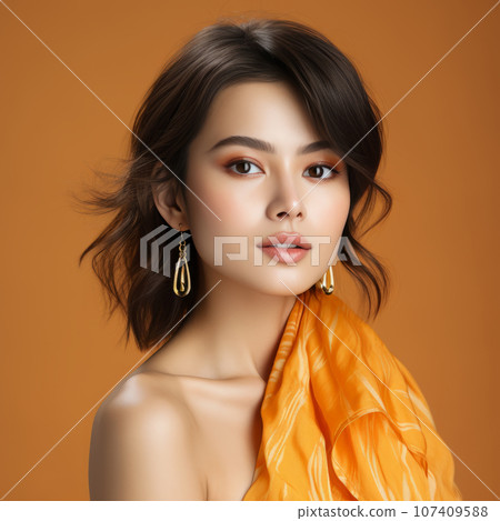 Beautiful asian girl with healthy hair. Asian beauty. Attractive asian model posing on beige background, fashion style. Portrait of a beautiful asian woman with long dark hair and bright makeup. Beautiful asian girl with healthy hair. Asian beauty. Attractive asian model posing on beige background, fashion style. Portrait of a beautiful asian woman with long dark hair and bright makeup. 107409588