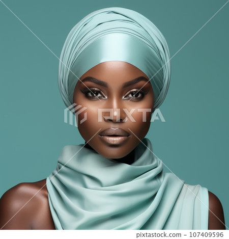 Attractive dark skin girl with cyan color turban on head posing on cyan background. Afro American beauty. Portrait of beautiful afro american woman with bright makeup. Portrait of Sensual black woman Attractive dark skin girl with cyan color turban on head posing on cyan background. Afro American beauty. Portrait of beautiful afro american woman with bright makeup. Portrait of Sensual black woman 107409596