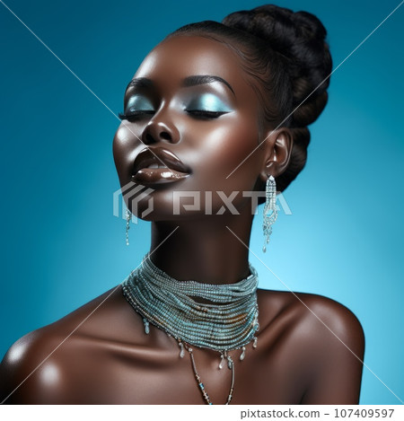 Portrait of beautiful afro american woman with bright makeup. Attractive dark skin girl with stylish jewerly accessuoris. Pretty face of afro model posing on cyan background. Afro American beauty. Portrait of beautiful afro american woman with bright makeup. Attractive dark skin girl with stylish jewerly accessuoris. Pretty face of afro model posing on cyan background. Afro American beauty. 107409597