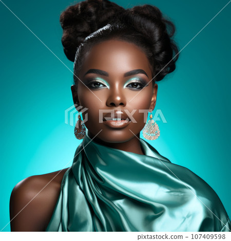 Portrait of beautiful afro american woman with bright makeup. Attractive dark skin girl with stylish jewerly accessuoris. Pretty face of afro model posing on cyan background. Afro American beauty. Portrait of beautiful afro american woman with bright makeup. Attractive dark skin girl with stylish jewerly accessuoris. Pretty face of afro model posing on cyan background. Afro American beauty. 107409598