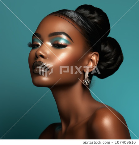 Portrait of beautiful afro american woman with bright makeup. Attractive dark skin girl with stylish jewerly accessuoris. Pretty face of afro model posing on cyan background. Afro American beauty. Portrait of beautiful afro american woman with bright makeup. Attractive dark skin girl with stylish jewerly accessuoris. Pretty face of afro model posing on cyan background. Afro American beauty. 107409610