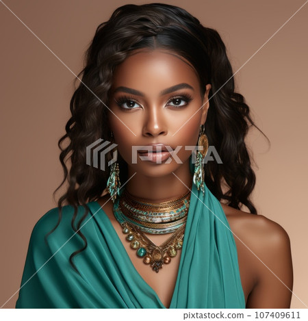 Portrait of beautiful afro american woman with bright makeup. Attractive dark skin girl with stylish jewerly accessuoris. Pretty face of afro model posing at studio. Afro American beauty. Portrait of beautiful afro american woman with bright makeup. Attractive dark skin girl with stylish jewerly accessuoris. Pretty face of afro model posing at studio. Afro American beauty. 107409611