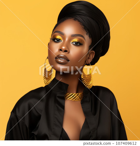 Attractive dark skin woman dressed in black clothes  on yellow background. Afro American beauty. Portrait of beautiful afro american woman with bright makeup. Portrait of Sensual black woman 107409612