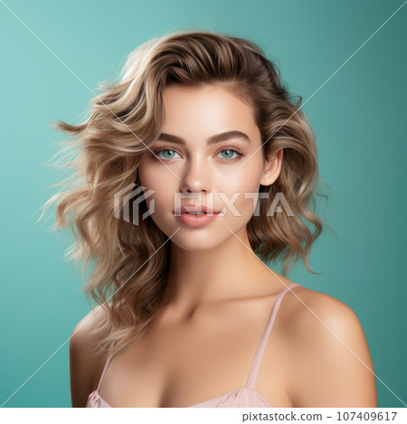 Portrait of beautiful young woman with blonde hair and  bright makeup on azure background. Attractive caucasian girl with healthy skin of face. Beauty face of white model. White girl beauty. 107409617