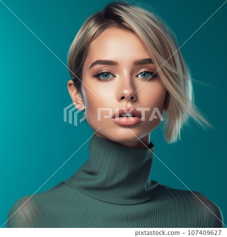 Portrait of beautiful young woman with blonde hair and  bright makeup on azure background. Attractive caucasian girl with healthy skin of face. Beauty face of white model. White girl beauty. 107409627