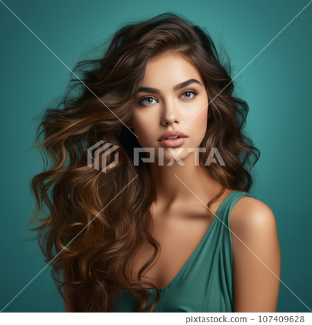 Portrait of beautiful young woman with long brown hair and bright makeup on azure background. Attractive caucasian girl with healthy, clean skin of face. Beauty face of white model. White girl beauty Portrait of beautiful young woman with long brown hair and bright makeup on azure background. Attractive caucasian girl with healthy, clean skin of face. Beauty face of white model. White girl beauty 107409628