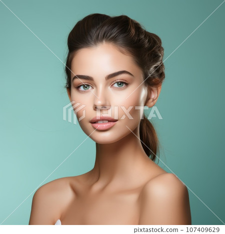 Portrait of beautiful young woman with long brown hair and  bright makeup on azure background. Attractive caucasian girl with healthy, clean skin of face. Beauty face of white model. White girl beauty 107409629