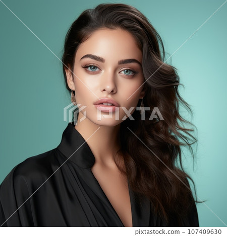 Portrait of beautiful young woman with long brown hair and bright makeup on azure background. Attractive caucasian girl with healthy, clean skin of face. Beauty face of white model. White girl beauty Portrait of beautiful young woman with long brown hair and bright makeup on azure background. Attractive caucasian girl with healthy, clean skin of face. Beauty face of white model. White girl beauty 107409630