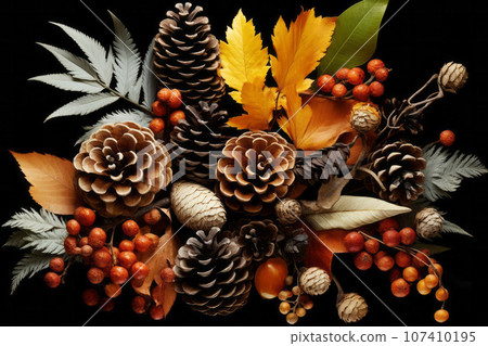Pine cone autumn forest composition on dark background. Generative AI 107410195