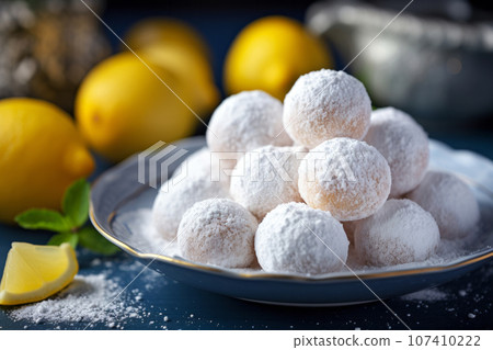 Yellow lemon balls desert with sugar powder in vintage plate. Generative AI 107410222