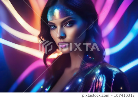 Charming fashion art portrait of mysterious female model, in bright radiating combinations of neon 107410312