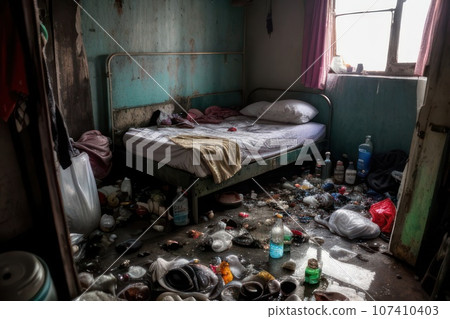 Room in a slum with a dirty bed with a pillow and a blanket, pots, broken bottles, pile of garbage Room in a slum with a dirty bed with a pillow and a blanket, pots, broken bottles, pile of garbage 107410403