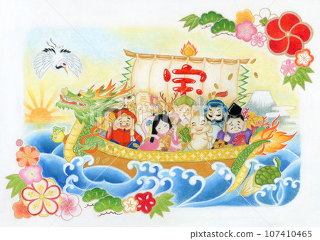 Treasure ship of the Seven Lucky Gods on a dragon-headed ship Hand-drawn illustration of the Year of the Dragon Treasure ship of the Seven Lucky Gods on a dragon-headed ship Hand-drawn illustration of the Year of the Dragon 107410465