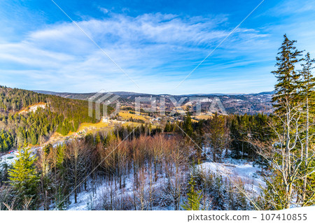 First snow in hilly landscape of Jizera Mountains. Czech Republic 107410855