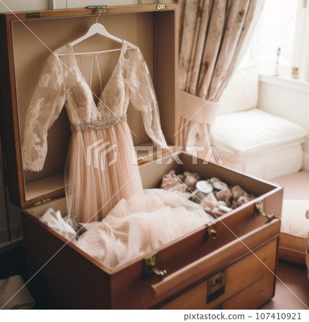 wedding dress hanging in the wardrobe wedding dress hanging in the wardrobe 107410921