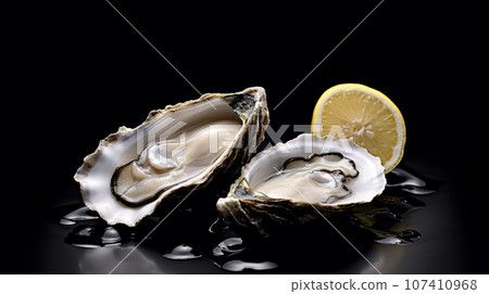 Close up of opened fresh oysters with lemon and ice 107410968
