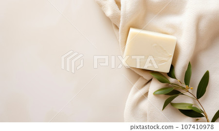 Natural bathroom product, handcrafted soap, spa towels and eucalyptus branches 107410978