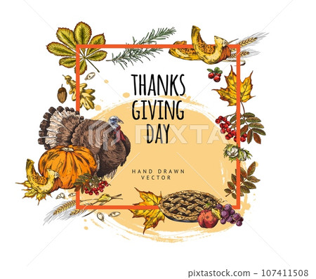 Frame for Thanksgiving Day design, hand drawn vector illustrations. Frame for Thanksgiving Day design, hand drawn vector illustrations. 107411508