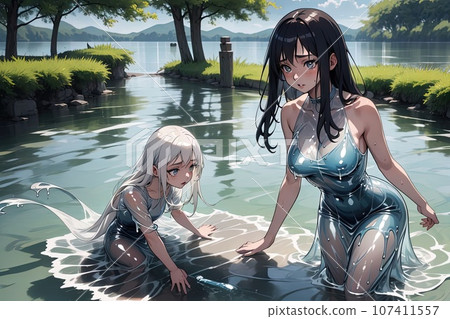 Liquid dress girl in a lake anime manga hentai liquid dress 107411557