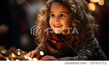 Smiling Girl at Winter Christmas Market, Delightful Moment as She Admires Christmas Ornaments Amidst the Warm Glow of Christmas Night Lights, Winter night, Ai generative Smiling Girl at Winter Christmas Market, Delightful Moment as She Admires Christmas Ornaments Amidst the Warm Glow of Christmas Night Lights, Winter night, Ai generative 107411712