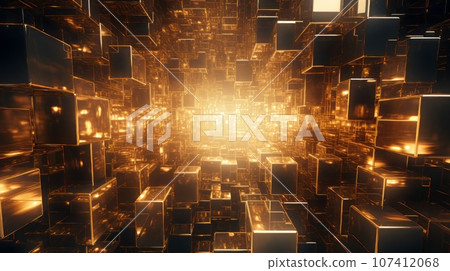 a golden futuristic world with cubes 107412068